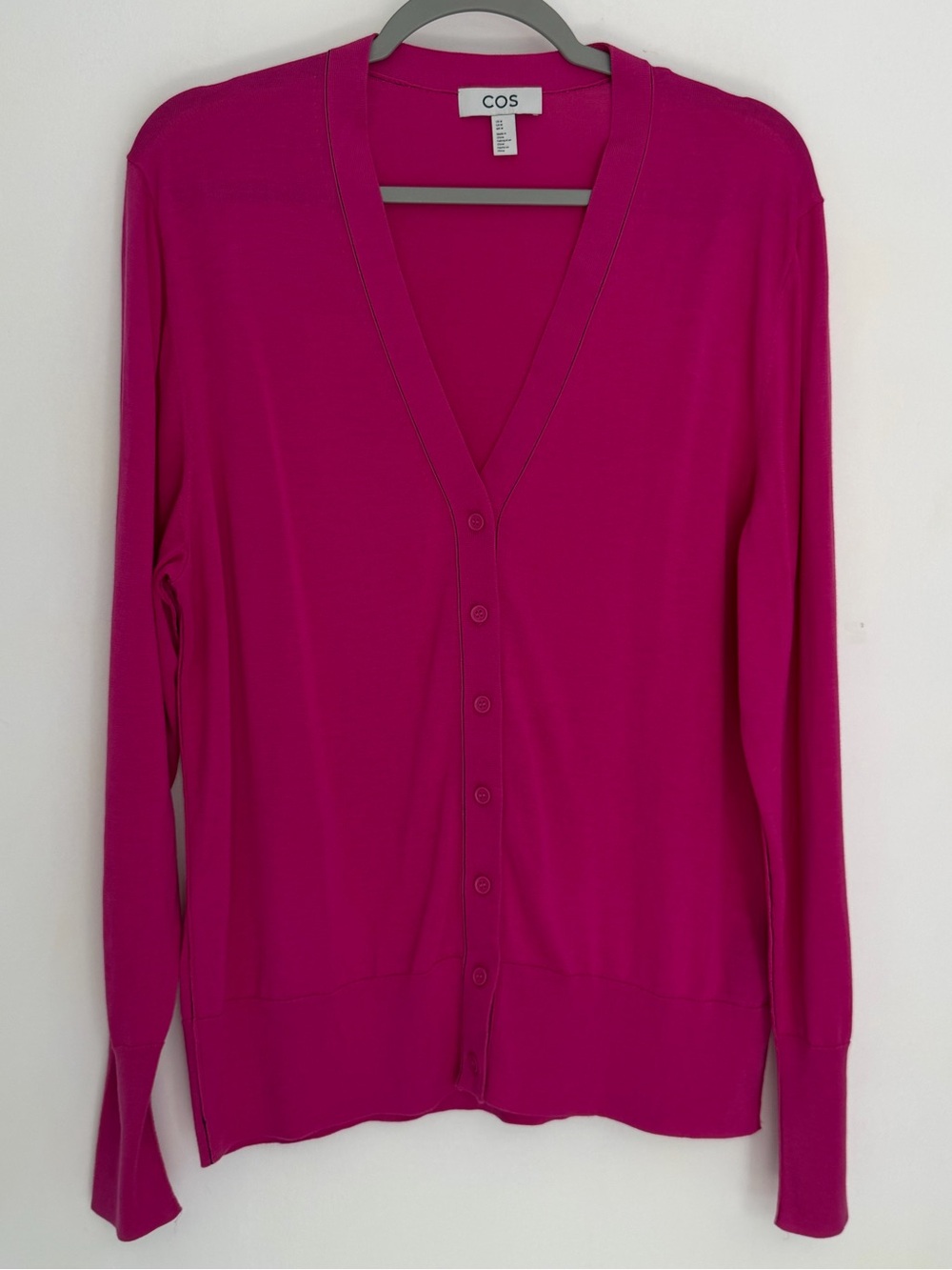 COS 55 Silk 45 Cotton Hot Pink Magenta Button Front V-Neck Cardigan